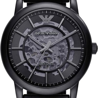 Emporio Armani Meccanico Skeleton Black Dial Black Steel Strap Watch For Men - AR60045